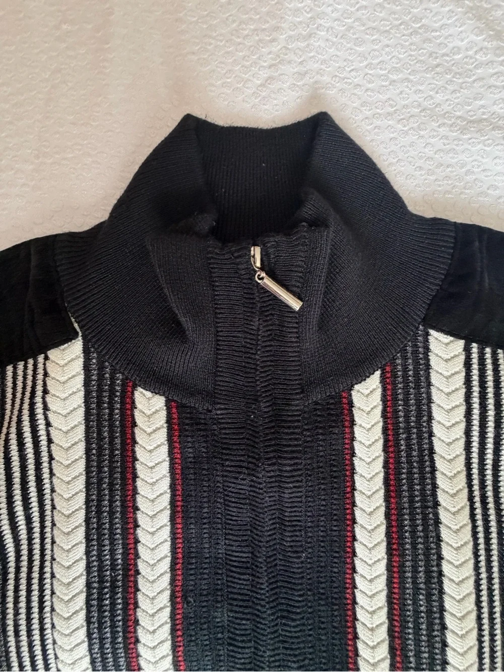 Michael Irvin 88 Men's Zip-Up Sweater- Black with Burgundy & White Stripes